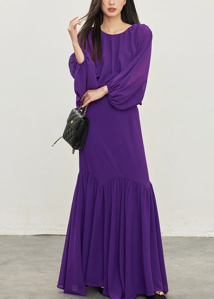 Purple Wrinkled Tops and Skirts Chiffon Two Pieces Set Batwing Sleeve