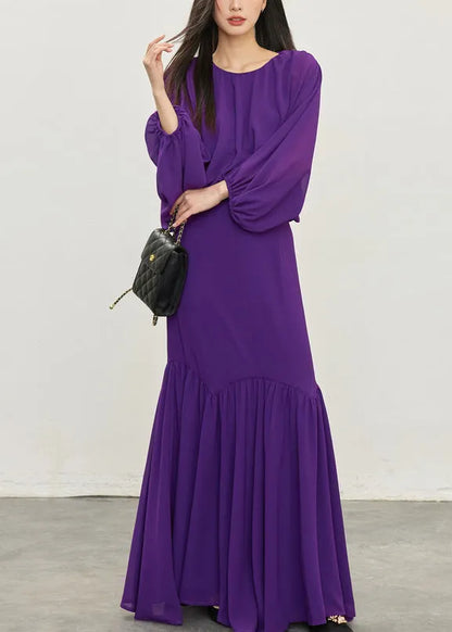 Purple Wrinkled Tops and Skirts Chiffon Two Pieces Set Batwing Sleeve