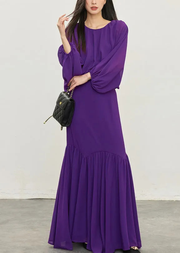 Purple Wrinkled Tops and Skirts Chiffon Two Pieces Set Batwing Sleeve