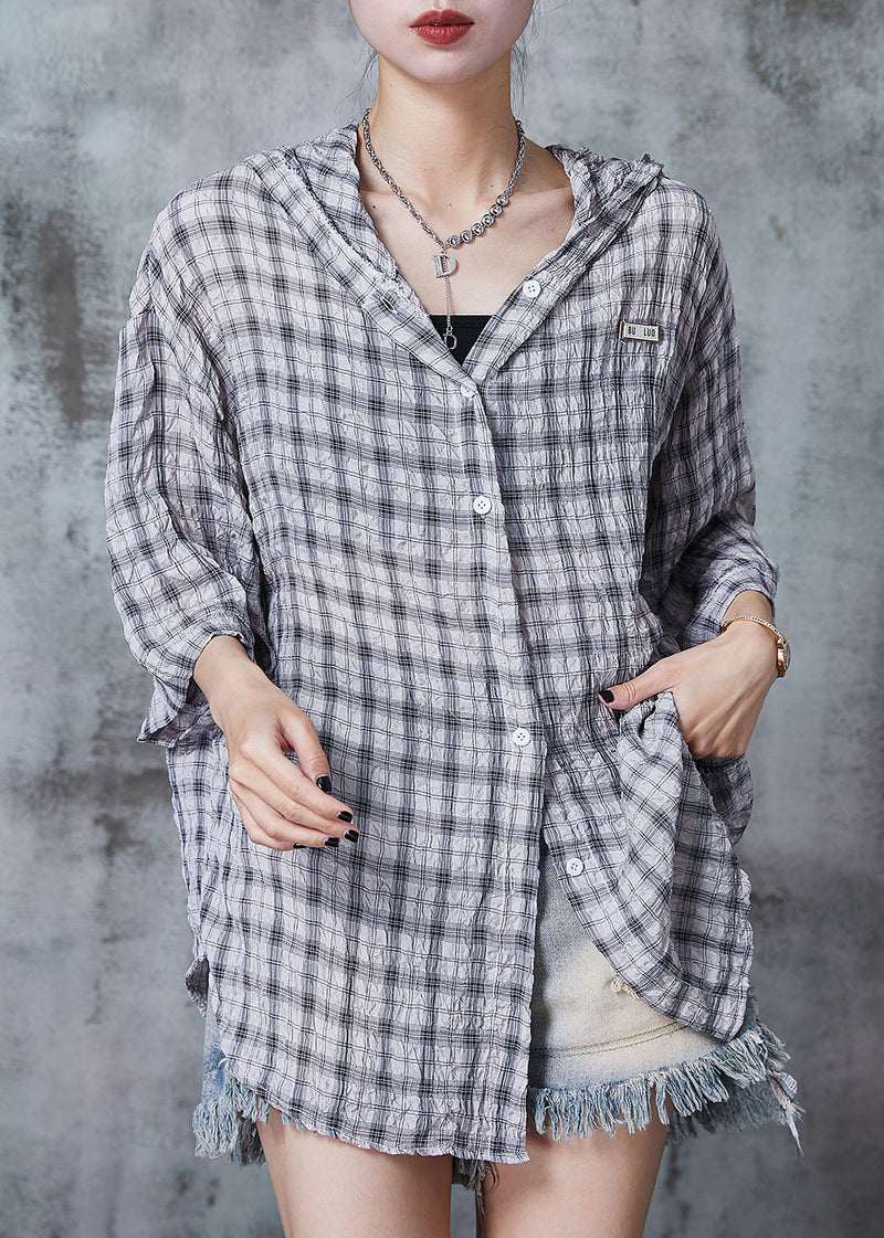 Grey Oversized Plaid Cotton Shirt Summer