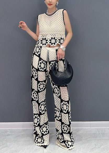 White O Neck Hollow Out Cotton Two-piece Set Sleeveless