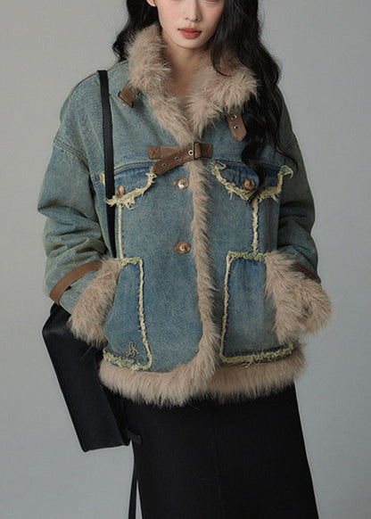 Denim Blue Fluffy Pockets Patchwork Cotton Filled Parkas Winter