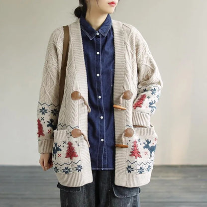 For Work Spring Knit Sweat Tops Beige Deer Print Knitted Cardigans