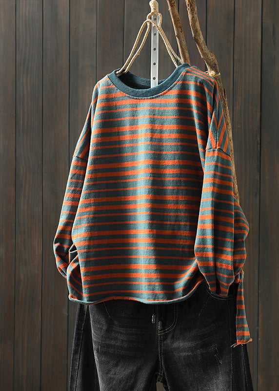 Green O Neck Striped Patchwork Cotton T Shirt Top Fall