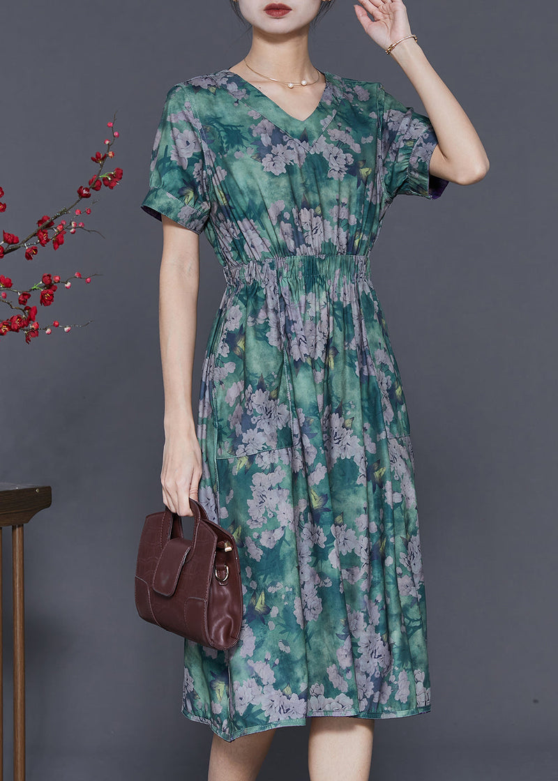 Green Cinched Print Cotton Dress Summer