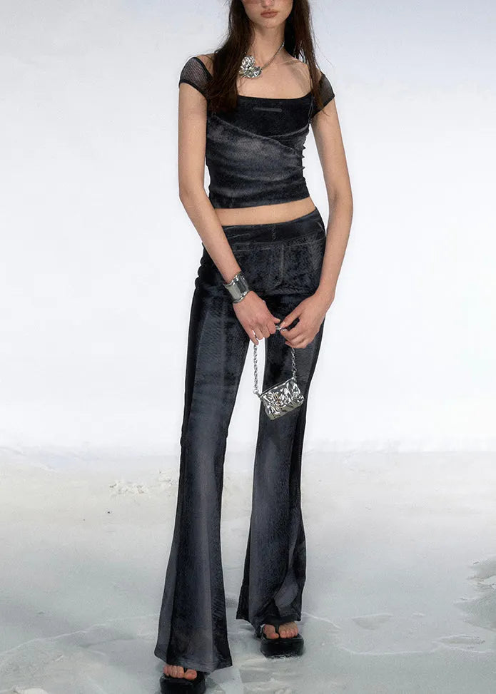 Stylish Black Ice Silk Vest and Flare Jeans Two Pieces Set Sleeveless
