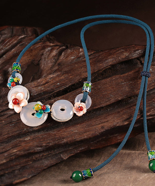 White Cloisonne Shell Flower Agate Pendant Necklace
