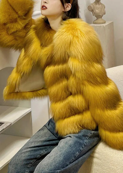 Yellow Patchwork Leather and Fur Coats Winter
