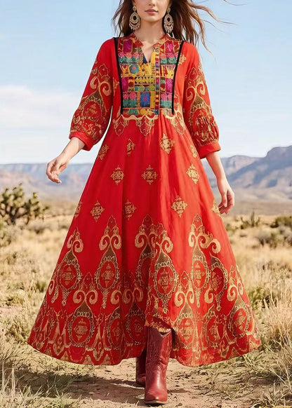Red V Neck Print Exra Large Hem Cotton Dress Lantern Sleeve