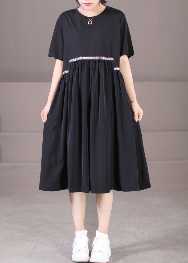 Black O-neck Oversized Letter Applique Pleated Dress Summer
