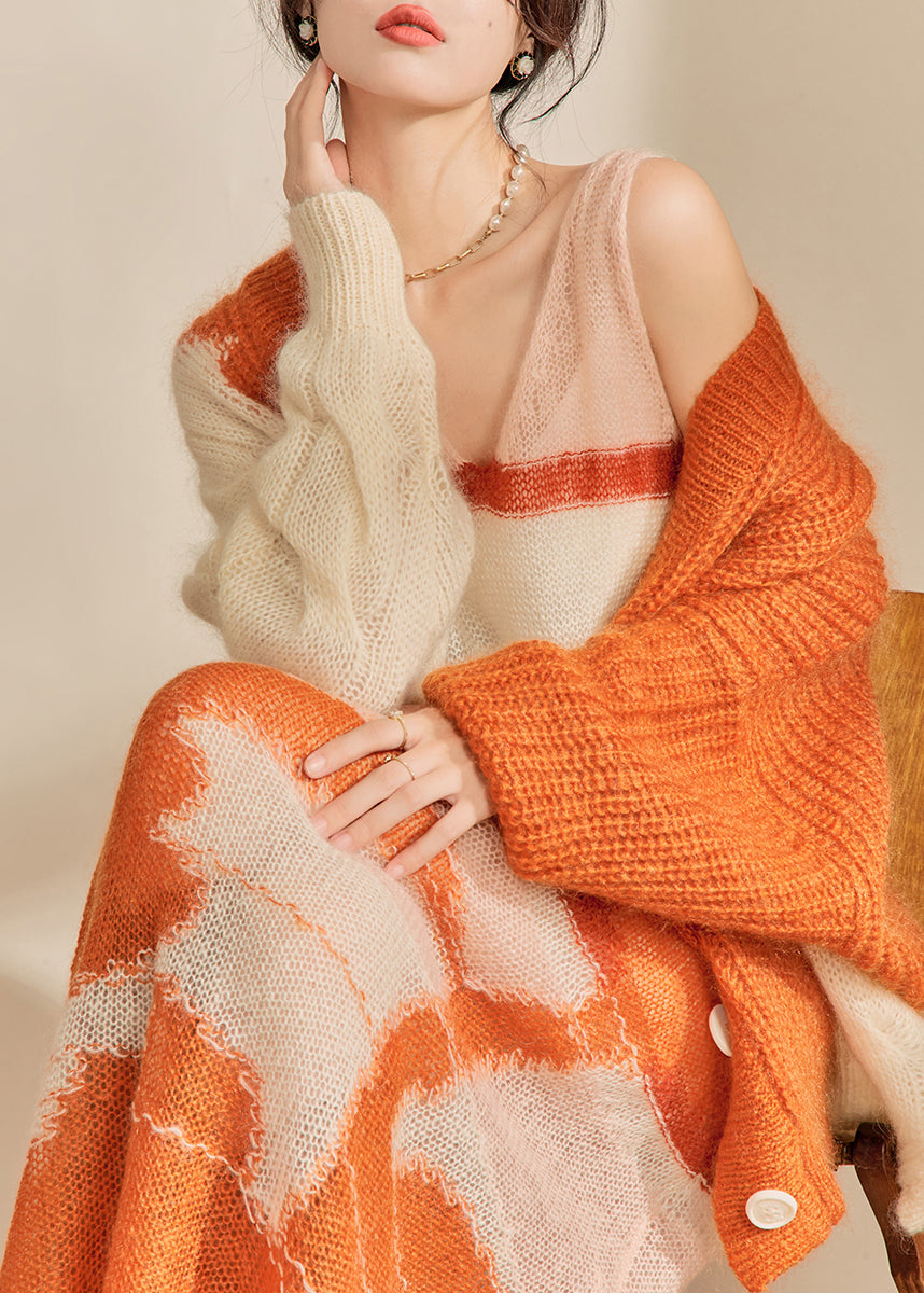 Orange Print Ma Hai Mao Knitted Two Piece Set Outfits Fall
