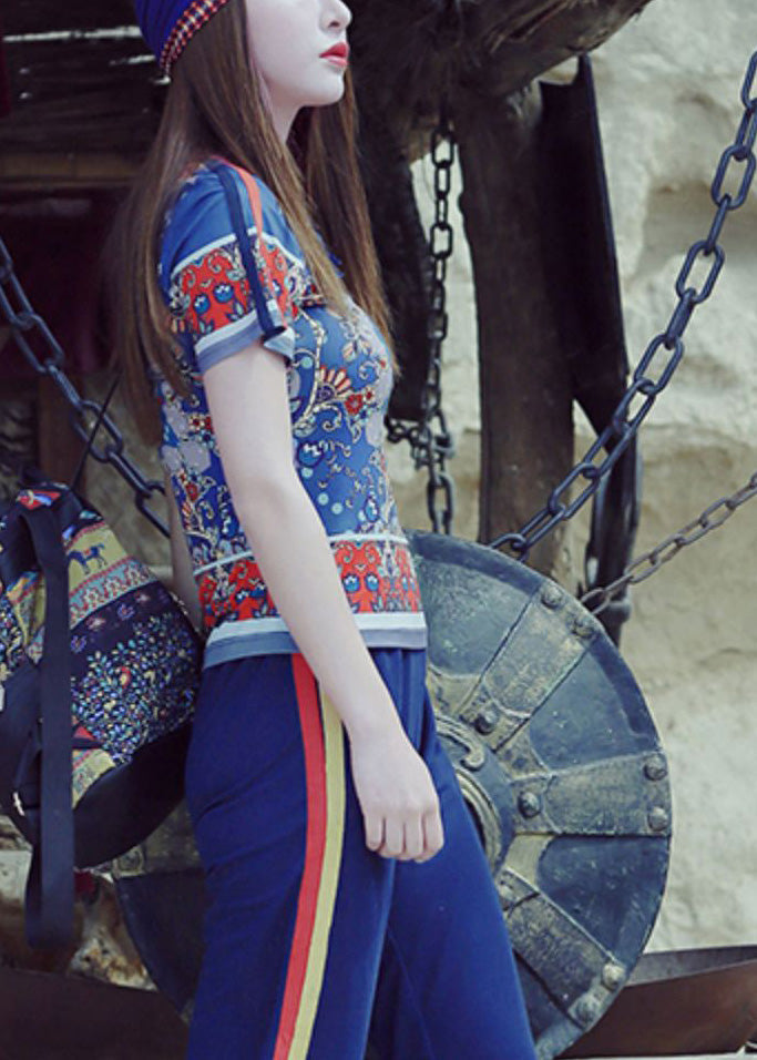 Modern Blue O-neck Print T Shirt Summer