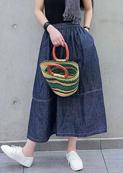 Denim Blue Pockets Elastic Waist Patchwork Skirts Spring