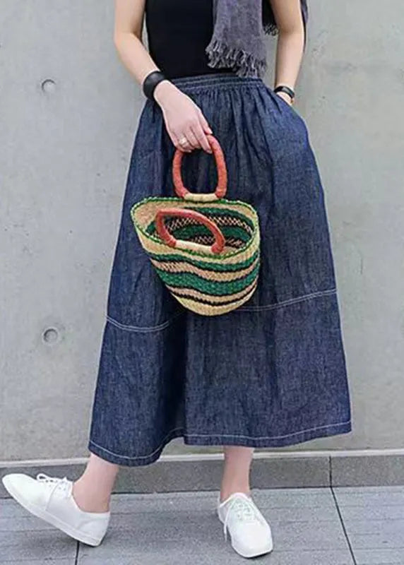 Denim Blue Pockets Elastic Waist Patchwork Skirts Spring