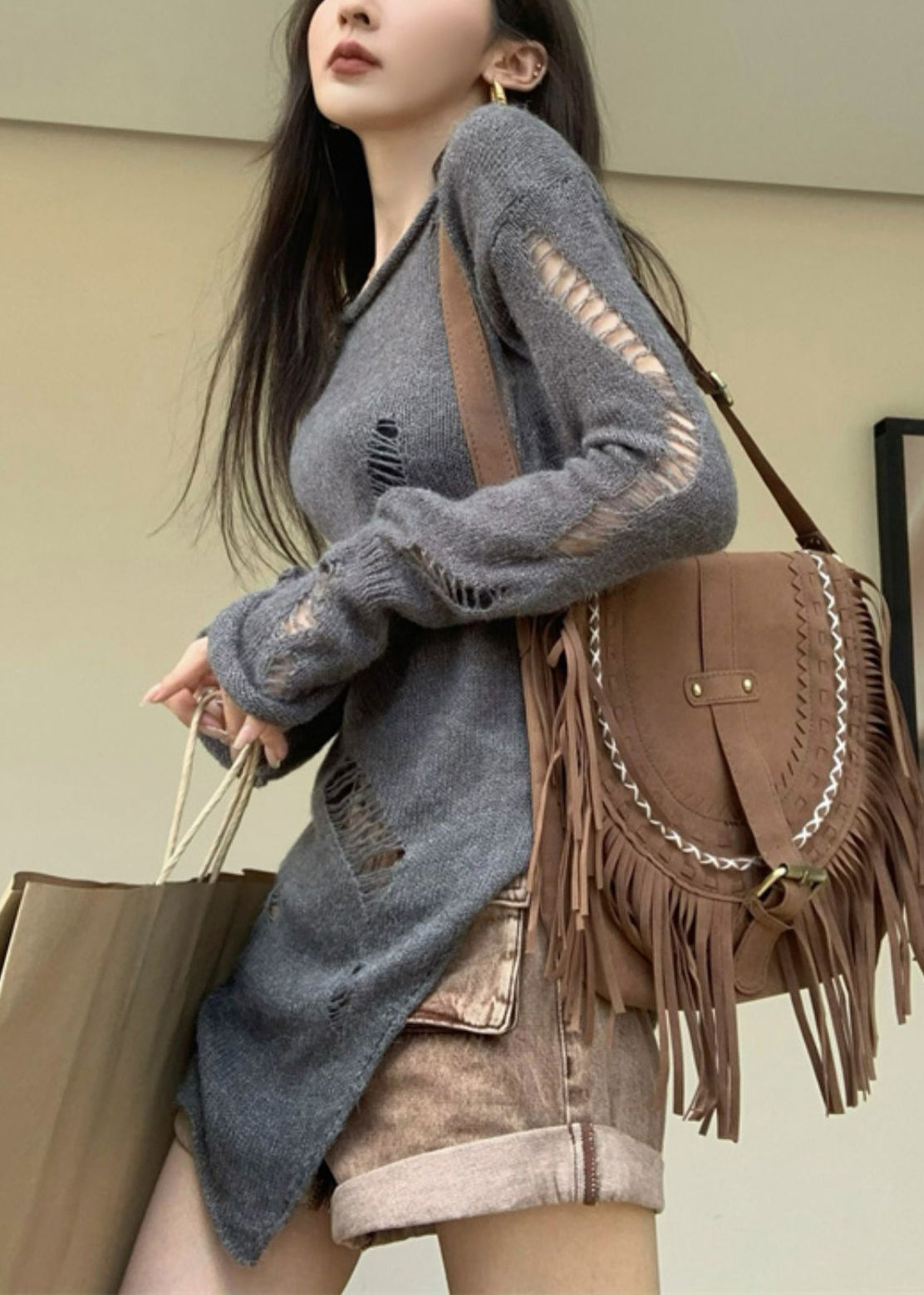 Grey Asymmetrical Hollow Out Knit Sweater Spring