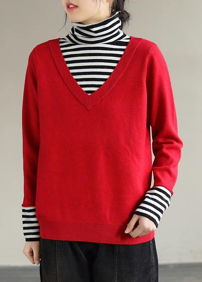 Cozy Spring Red Sweaters Patchwork High Neck Blouse