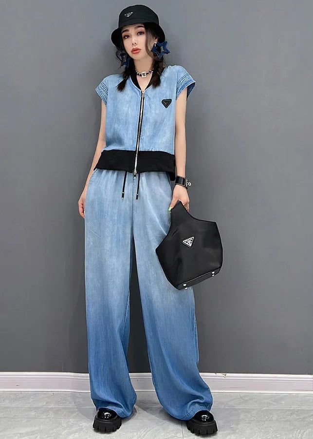 Blue Up V Neck Zip Coats and Long Pants Two Piece Set Summer