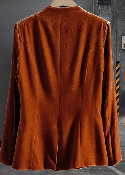 Orange O-neck Button Patchwork Silk Velour Coats Spring