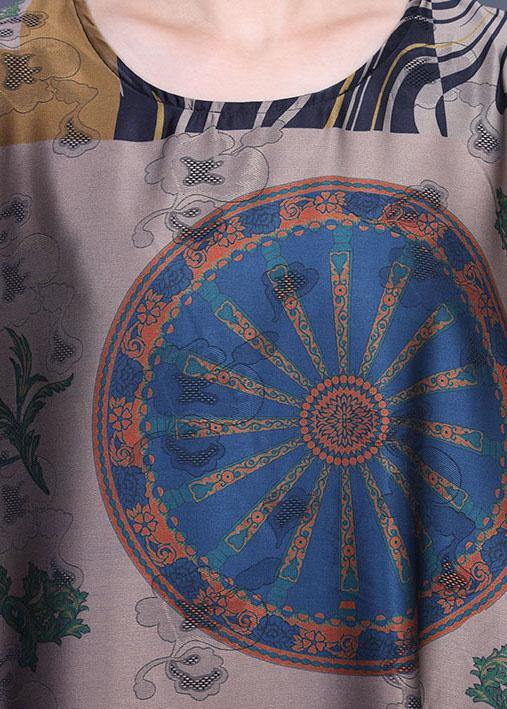 French Yellow Print Silk O-neck Summer Long Dress