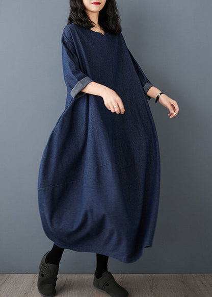 Blue O-neck Denim Maxi Dress Ruffled Sleeve