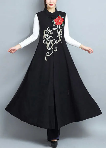 Black Embroideried Side Open Patchwork Cotton Long Waistcoat Sleeveless