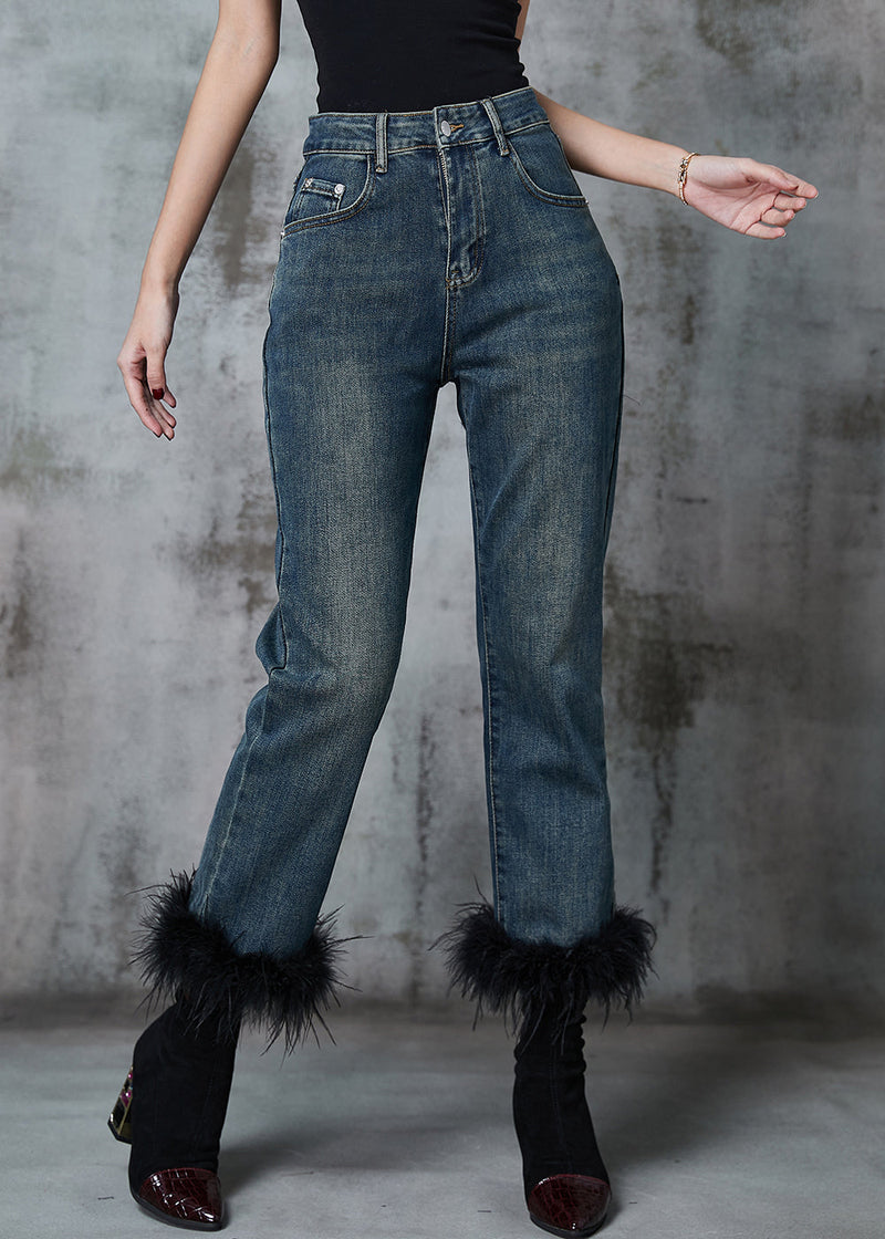 Navy Patchwork Feather Denim Pants Trousers Spring