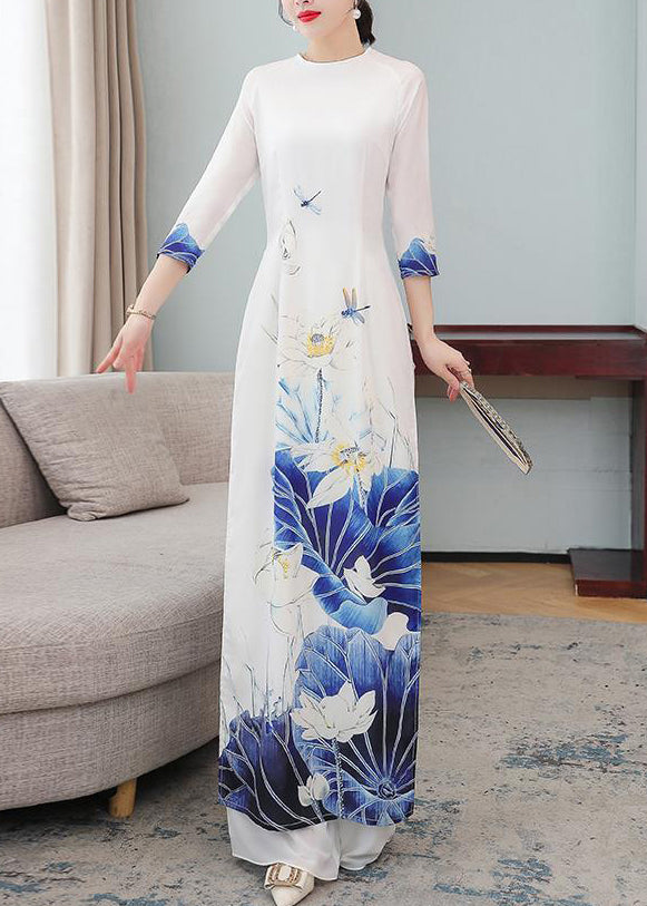 Boutique White O-neck Print Side Open Two Pieces Set Fall