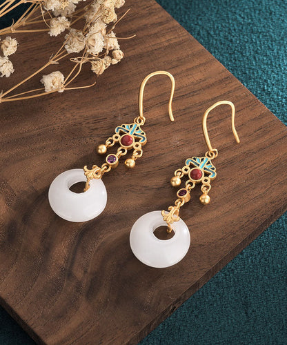 Boutique White Ancient Gold Enamel Cloisonne Jade Ping Buckle Drop Earrings