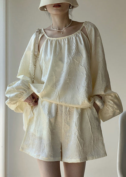 French Apricot Jacquard Off the Shoulder Cotton Two Pieces Set Summer