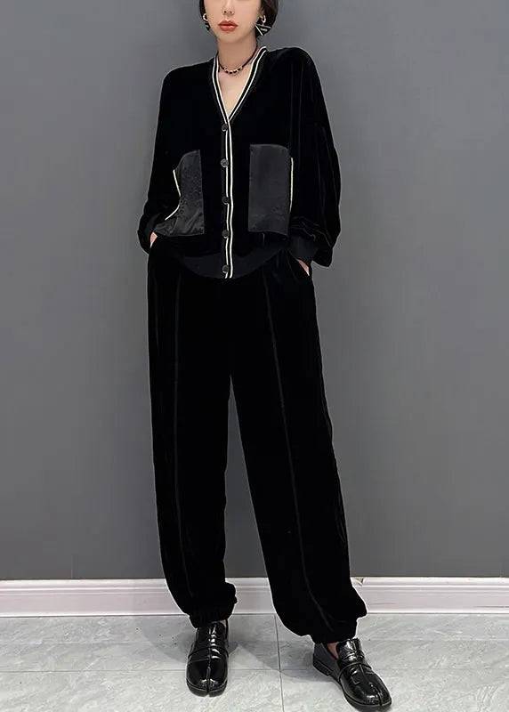 Stylish Black V Neck Print Coats and Pants Two Pieces Set Fall