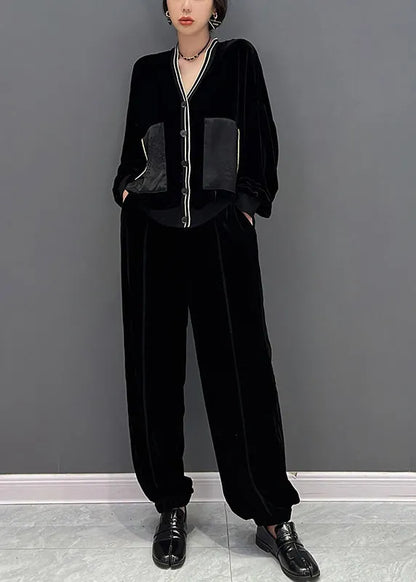 Stylish Black V Neck Print Coats and Pants Two Pieces Set Fall