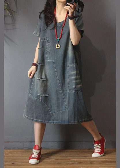 Italian Denim Hole Cotton Asymmetrical Design Summer Long Dress