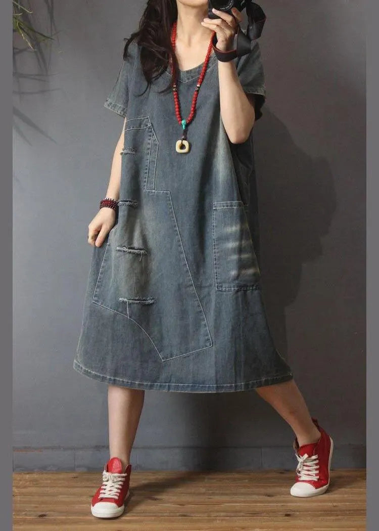 Italian Denim Hole Cotton Asymmetrical Design Summer Long Dress