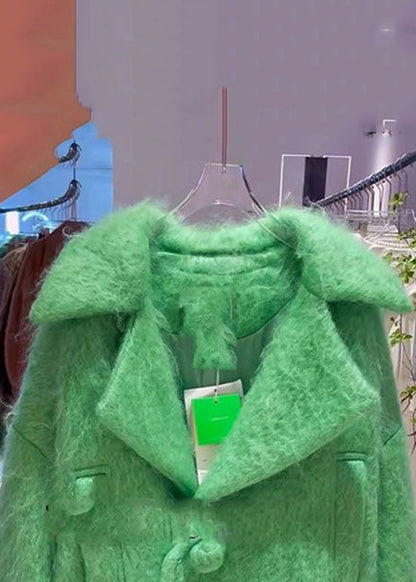 New Green Button Low High Design Woolen Coats Long Sleeve Fall