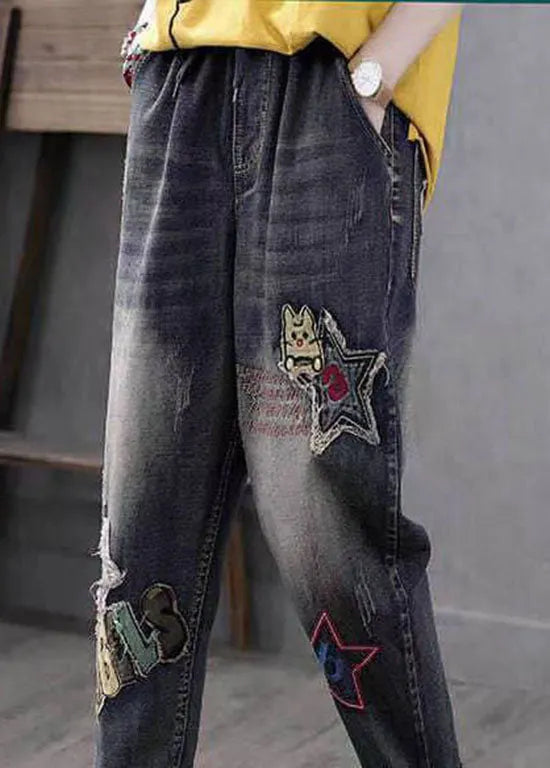 Blue Embroideried Pockets Patchwork High Waist Denim Pants Spring