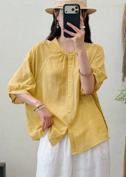 Yellow O-neck Wrinkled Linen Blouse Top Summer