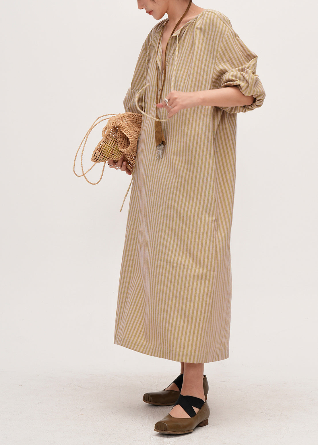 Khaki Oversized Striped Linen Maxi Dresses Bracelet Sleeve