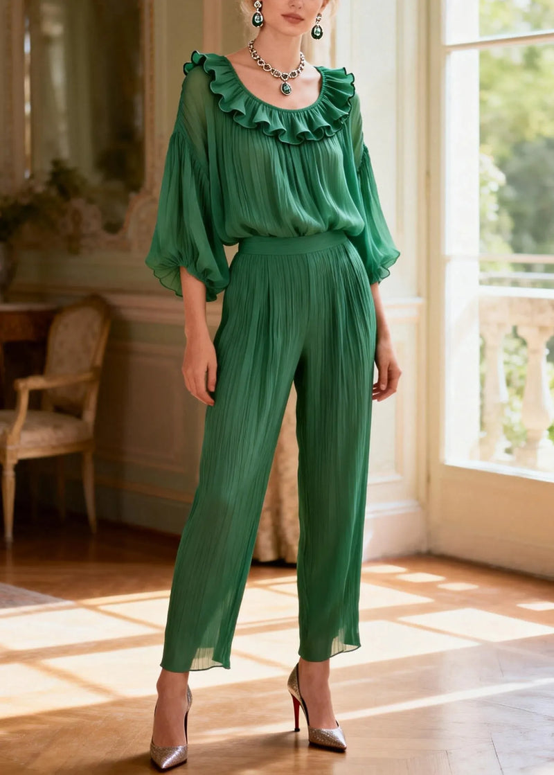 Green Ruffled Patchwork Silk Two Pieces Set Summer
