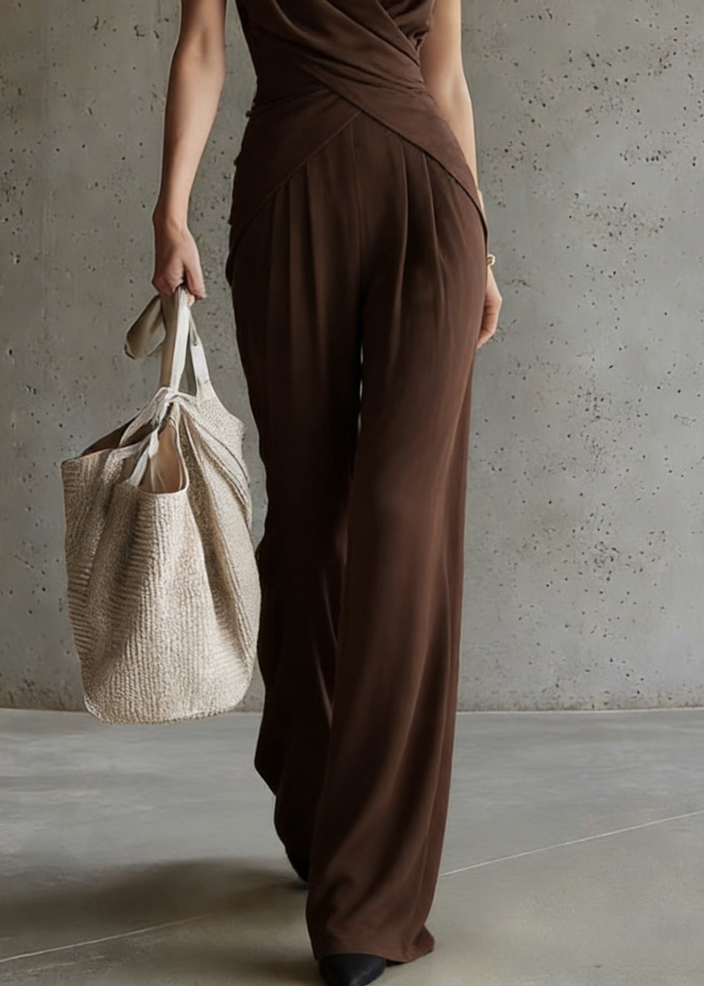 Loose Coffee Wrinkled Tops and Wide Leg Pants Silk Two-piece Set Summer