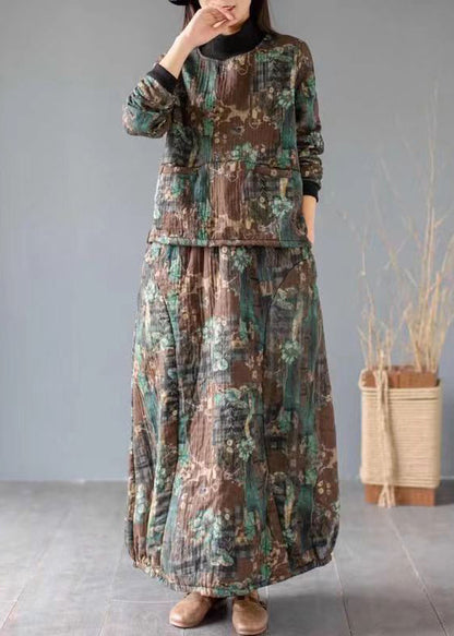 Green Print Pockets Tops and Skirts Cotton Two Piece Set Fall