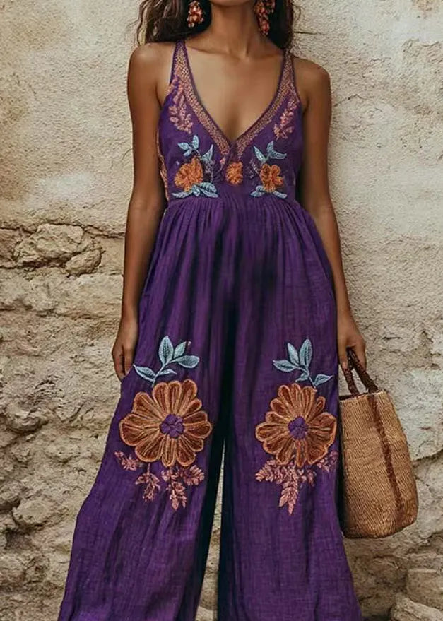Purple Print Wrinkled Wide Leg Jumpsuit Summer