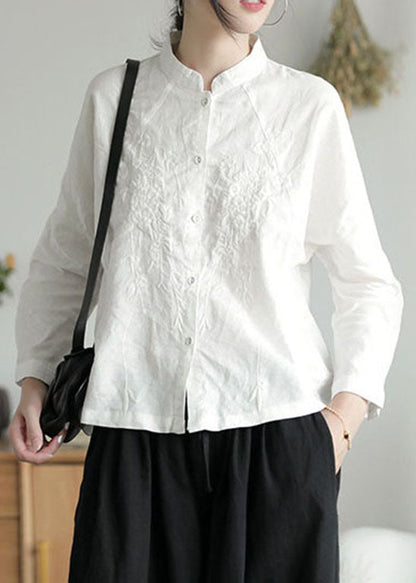 White Stand Collar Button Embroideried Shirt Top Long Sleeve
