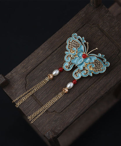 Blue Copper Overgild Pearl Butterfly Tassel Brooches