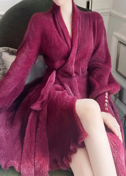 Mulberry V Neck Tie Waist Velour Maxi Dresses Long Sleeve