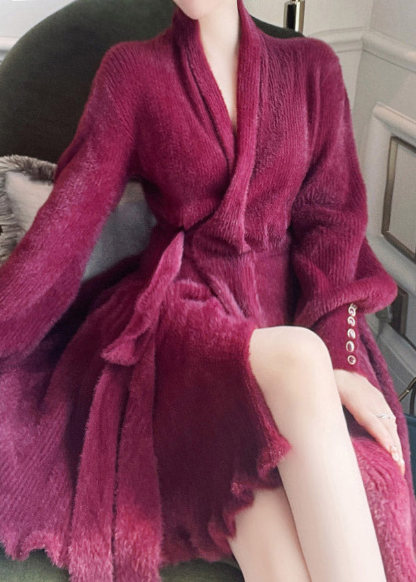 Mulberry V Neck Tie Waist Velour Maxi Dresses Long Sleeve