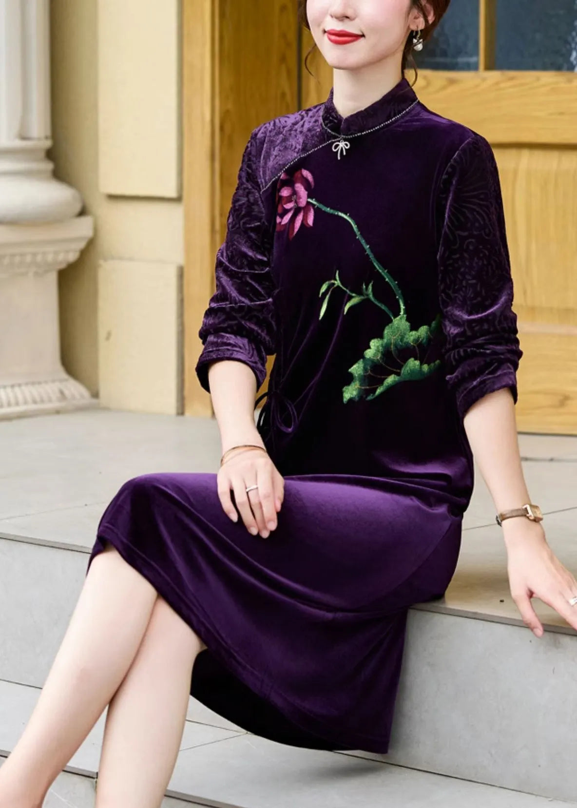 Black Print Tie Waist Silk Velour Vacation Long Dresses Long Sleeve