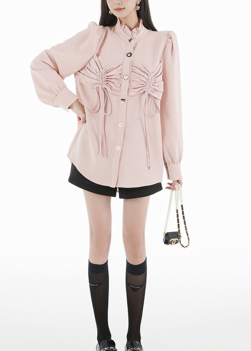 Pink Ruffled Patchwork Wrinkled Chiffon Top Puff Sleeve