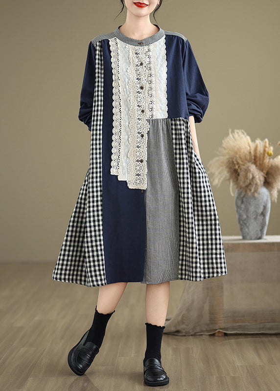 Original O-neck Lace Patchwork Plaid Long Dresses Spring