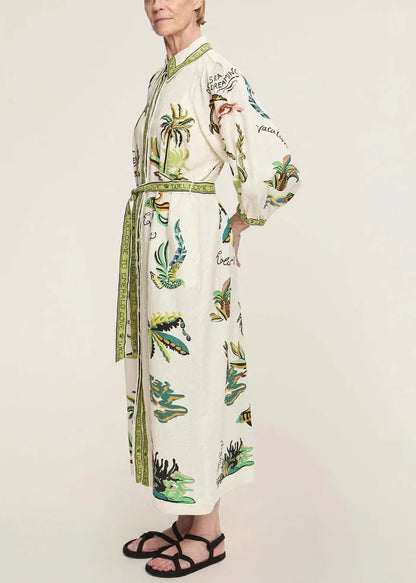 Green Print Pockets Tie Waist Linen Blouses Dresses Spring