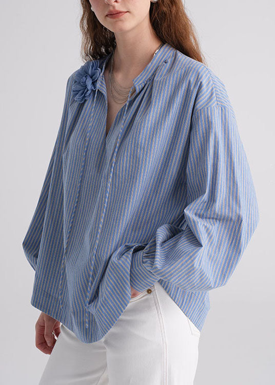 Italian Blue Striped V Neck Cotton Shirt Fall